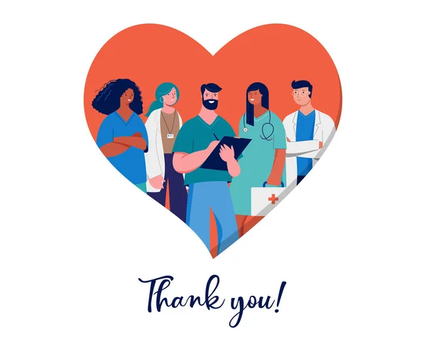 Obrigado médicos e enfermeiros design conceito - grupo de profissionais médicos em um fundo coração vermelho —  Vetores de Stock
