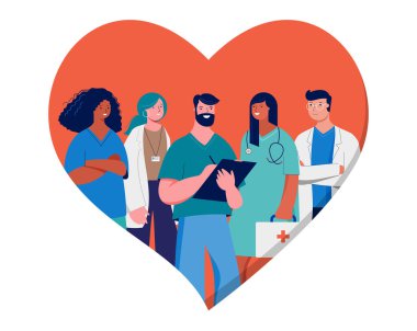 Teşekkürler doktorlar ve hemşireler konsept tasarımı - kırmızı kalp geçmişi olan bir grup tıbbi uzman