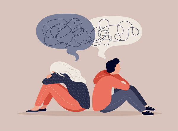 Молодые люди, подростки, пара девочек и мальчиков, сидят спиной к спине, грустные и злые друг на друга. Расставание, проблемы в отношениях, разбитое сердце, разделение концепции