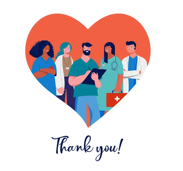 Obrigado médicos e enfermeiros design conceito - grupo de profissionais médicos em um fundo coração vermelho —  Vetores de Stock
