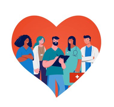 Teşekkürler doktorlar ve hemşireler konsept tasarımı - kırmızı kalp geçmişi olan bir grup tıbbi uzman