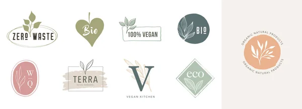 Kolekce jemných ručně kreslených log a ikon ekologických potravin, zemědělských čerstvých a přírodních produktů, kolekce prvků pro potravinářský trh, propagace ekologických produktů, zdravého života a prvotřídní kvality — Stockový vektor