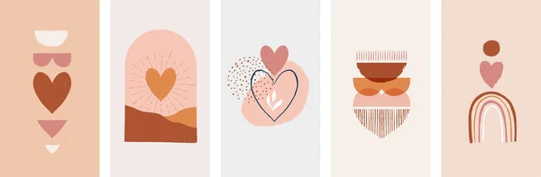 Collezione di Boho San Valentino simboli ed elementi. Set di stampe bohemien con cuori color terra e forme astratte. — Vettoriale Stock