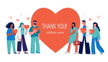 Teşekkürler doktorlar ve hemşireler konsept tasarımı - kırmızı kalp geçmişi olan bir grup tıbbi uzman