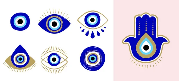邪悪な目やトルコの目のシンボルやアイコンが設定されます。現代のお守りのデザインと家の装飾のアイデア — ストックベクタ