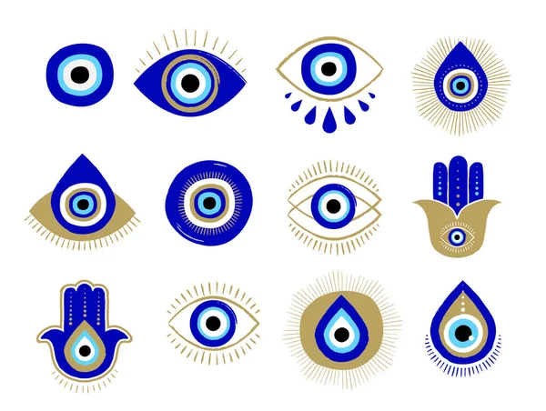 Boze oog of Turkse oog symbolen en pictogrammen ingesteld. Modern amulet design en home decor idee — Stockvector