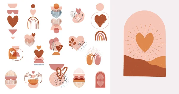Collezione di Boho San Valentino simboli ed elementi. Set di stampe bohemien con cuori color terra e forme astratte. — Vettoriale Stock