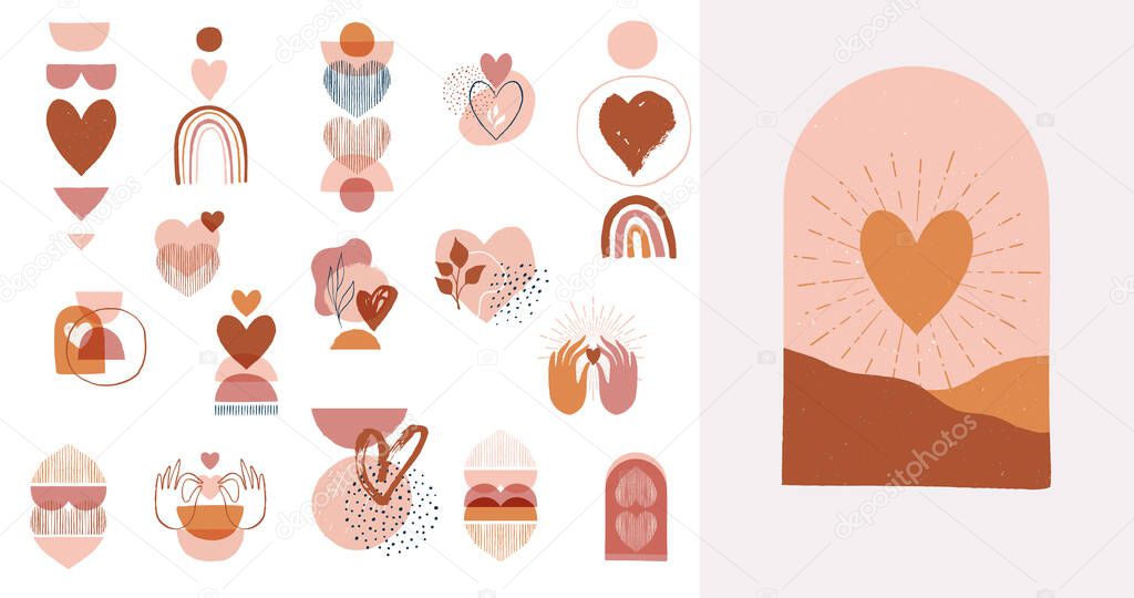 Collection of Boho Valentines day symbols and elements. Set of bohemian prints with earth color hearts and abstract shapes. Vector illustration