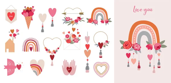 San Valentino raccolta di illustrazioni. Set di icone moderne amore piatto e simboli, cuori, arcobaleni, decorazioni — Vettoriale Stock