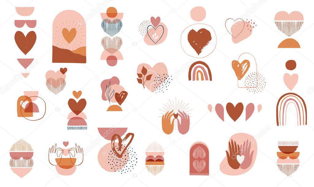 Collection of Boho Valentines day symbols and elements. Set of bohemian prints with earth color hearts and abstract shapes. Vector illustration