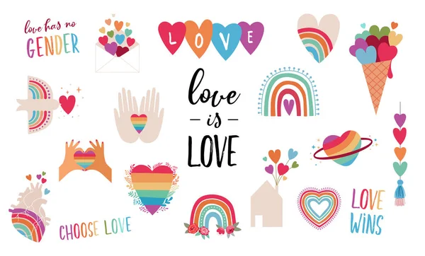 HBTQ-element för alla hjärtans dag. Kärlek symboler, regnbåge, hjärtan och citat för homosexuella, lesbiska och trans community — Stock vektor