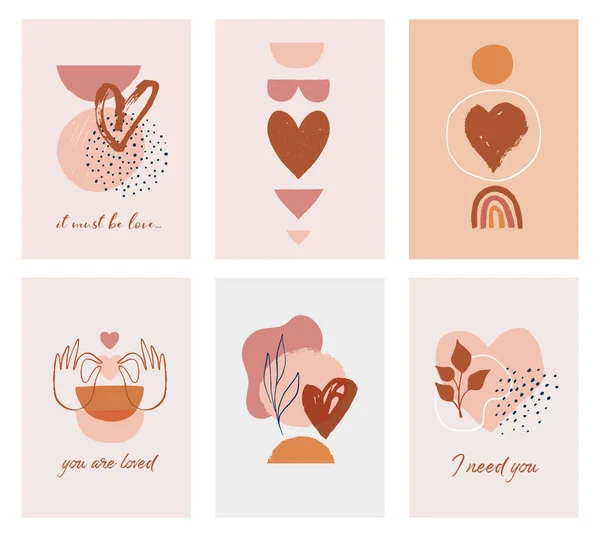 Bohemian, Boho Valentinstag Illustrationen, handgezeichnete Kunstwerke in Terrakotta, erdige Farben, Herz und Liebe Konzeptdesign — Stockvektor