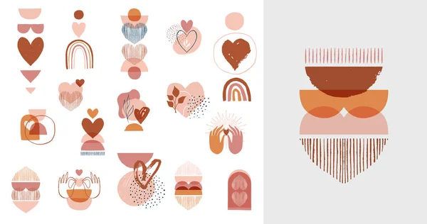 Bohém, Boho Valentin napi illusztrációk, kézzel rajzolt alkotás terrakotta, földes színek, szív és szerelem koncepció design — Stock Vector