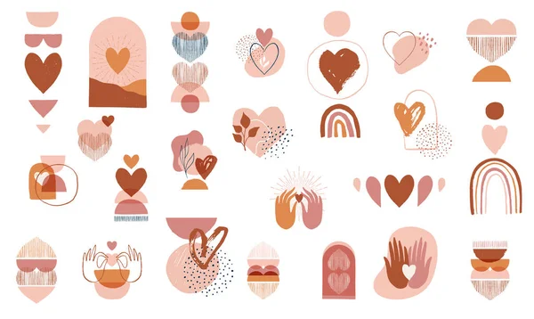 Boêmio, Boho Valentines dia ilustrações, obra de arte desenhada à mão em terracota, cores terrosas, design de conceito de coração e amor —  Vetores de Stock