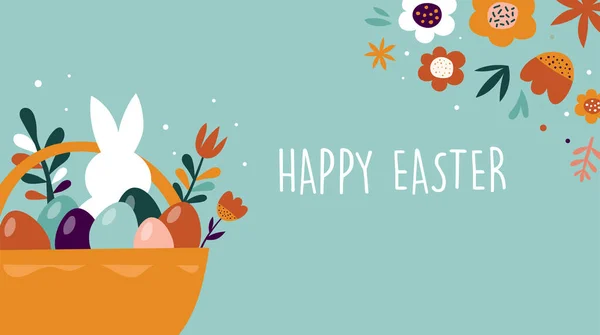 Diseño de concepto de Pascua Boho, conejitos, huevos, flores y arcoíris en colores pastel y terracota, ilustraciones vectoriales planas — Vector de stock