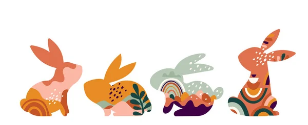 Boho projeto conceito de Páscoa, coelhos, ovos, flores e arco-íris em cores pastel e terracota, ilustrações vetoriais planas —  Vetores de Stock