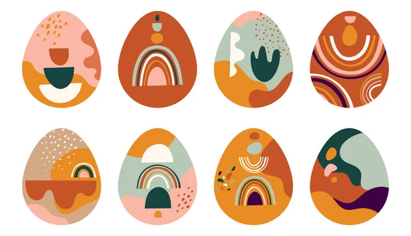 Boho projeto conceito de Páscoa, coelhos, ovos, flores e arco-íris em cores pastel e terracota, ilustrações vetoriais planas — Vetor de Stock