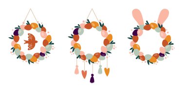 Boho Paskalya konsepti tasarımı, Paskalya ev dekorasyonu, tavşanlı çelenk, yumurta, çiçek ve gökkuşağı renkleri, düz vektör çizimleri.