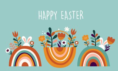 Boho Paskalya konsepti tasarımı, tavşanlar, yumurtalar, çiçekler ve gökkuşağı renkleri, düz vektör çizimleri