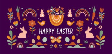 Boho Paskalya konsepti tasarımı, tavşanlar, yumurtalar, çiçekler ve gökkuşağı renkleri, düz vektör çizimleri