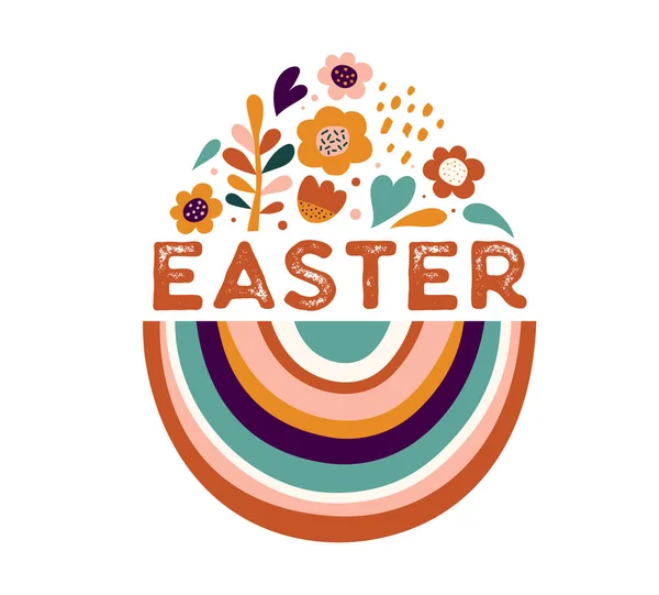 Boho Pasen concept ontwerp, konijnen, eieren, bloemen en regenbogen in pastel en terracotta kleuren, vlakke vector illustraties — Stockvector