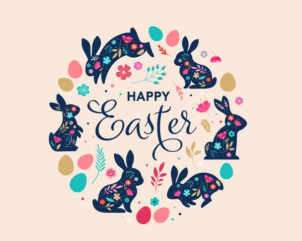 Happy Easter, decorated easter card, banner. Bunnies, Easter eggs, flowers and basket. Folk style patterned design. — Stock Vector