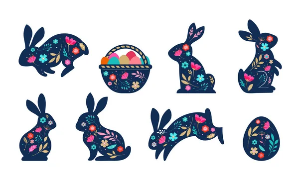 Καλό Πάσχα, διακοσμημένη κάρτα Πάσχα, πανό. Κουνελάκια, πασχαλινά αυγά, λουλούδια και καλάθι. Σχέδιο με μοτίβο λαϊκού στυλ. — Διανυσματικό Αρχείο