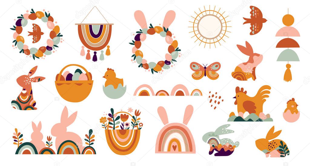 Boho Easter concept design, bunnies, eggs, flowers and rainbows in pastel and terracotta colors, flat vector illustrations