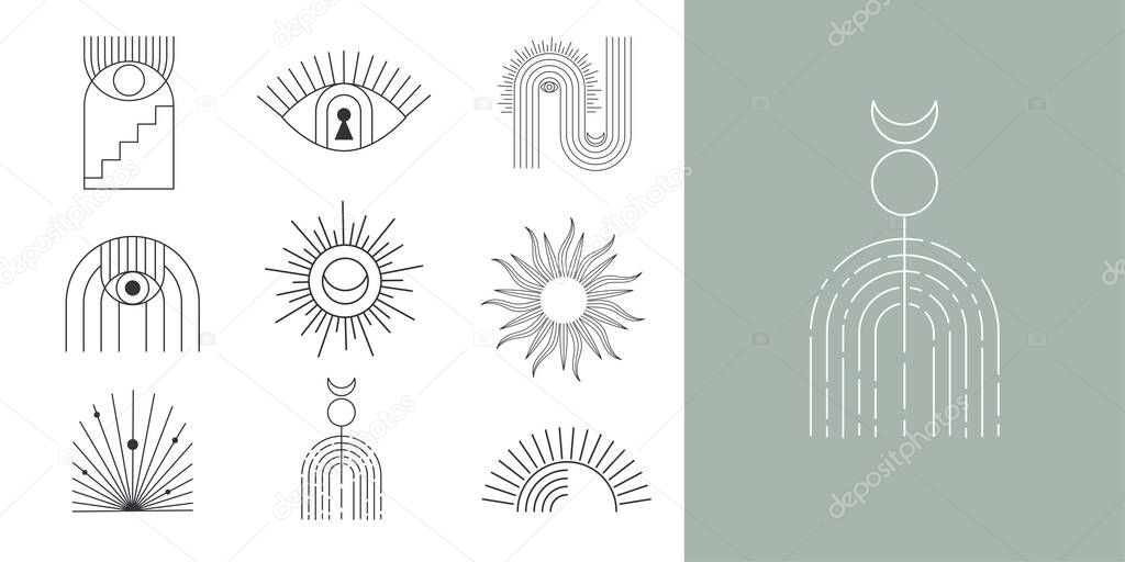 Bohemian linear logos, icons and symbols, sun design templates, geometric abstract design elements for decoration. 