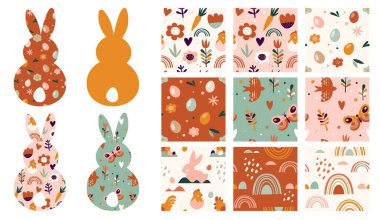 Boho Paskalya konsepti tasarımı, kusursuz desenler ve tavşanlar, yumurtalar, çiçekler ve gökkuşakları pastel ve terracotta renklerinde