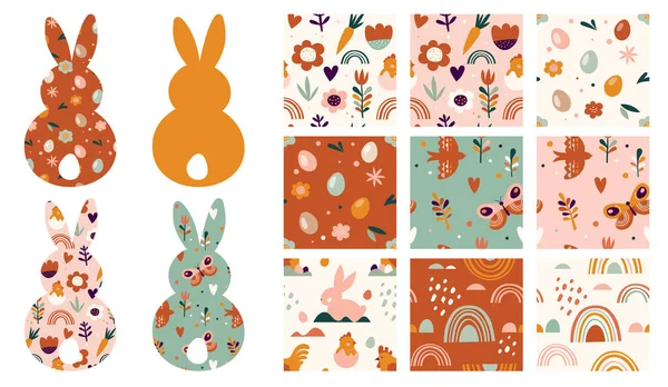 Boho Easter concept design, seamless patterns and bunnies, eggs, flowers and rainbows in pastel and terracotta colors — Stock Vector