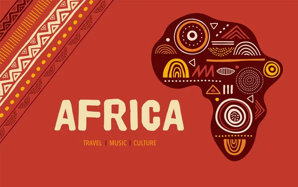 Mapa con dibujos de África. Banner con patrón grunge tradicional tribal, elementos, diseño de concepto — Archivo Imágenes Vectoriales