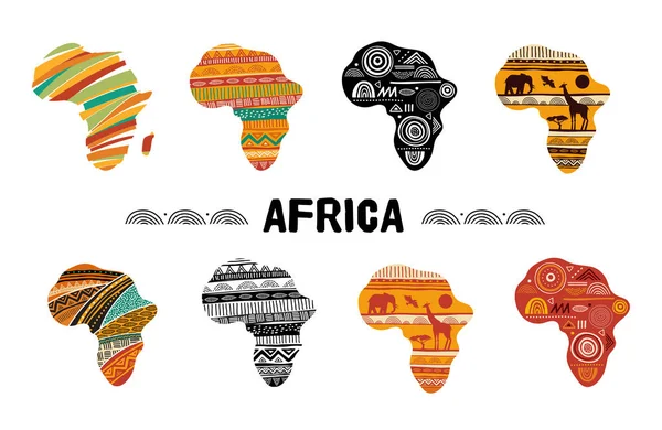 África mapa modelado, coleção de design de logotipo. Banner com padrão grunge tradicional tribal, elementos, design de conceito — Vetor de Stock