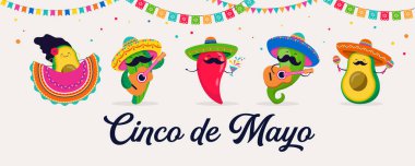 Cinco de Mayo - May 5, federal holiday in Mexico. Fun, cute characters as chilli pepper, avocado, cactus playing guitar, dancing and drinking tequila. 
