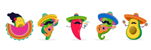 Cinco de Mayo - May 5, federal holiday in Mexico. Fun, cute characters as chilli pepper, avocado, cactus playing guitar, dancing and drinking tequila. — Stok Vektör