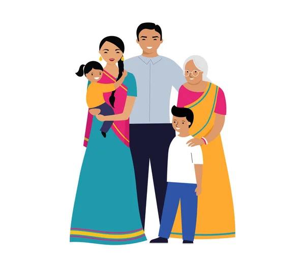 Família Indiana. Três gerações de família. Conjunto de pessoas em roupas tradicionais nacionais — Vetor de Stock