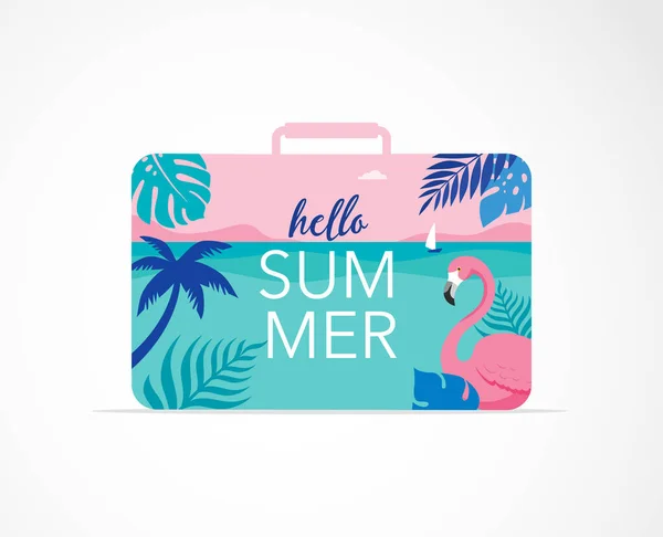 Концепция летних развлечений. Творческий фон пейзажа, панорама моря и пляжа на чемодане. Летняя распродажа, постсоблазн — стоковый вектор