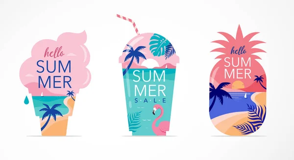 Концепция летних развлечений. Творческий фон пейзажа, панорама моря и пляжа на ананасе, мороженое и коктейльный стакан. Летняя распродажа, постсоблазн — стоковый вектор
