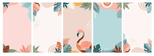 Verão Boêmio, conjunto de modelos modernos de história de verão com arco-íris, flamingo, abacaxi, sorvete e melancia — Vetor de Stock