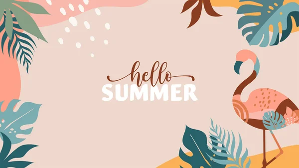 Bohemian Summer, latar belakang penjualan musim panas modern dan desain spanduk pelangi, flamingo, nanas, es krim dan semangka - Stok Vektor