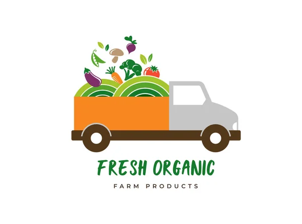 Food truck, levering van voedsel, boerderij vers logo en branding. Ontwerp van een gezond, veganistisch en vegetarisch voedselconcept — Stockvector