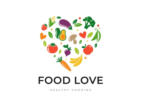 Amor de comida, logotipo de cozinha e branding. Design de conceito de comida saudável, vegana e vegetariana —  Vetores de Stock