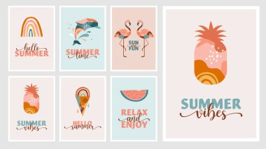 Bohem Yazı, modern yaz çizimleri ve kart tasarımları gökkuşağı, flamingo, ananas, dondurma ve karpuz ile 