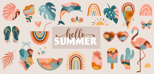 Verão boêmio, ilustrações modernas de verão e design de arco-íris, flamingo, abacaxi, sorvete e melancia — Vetor de Stock