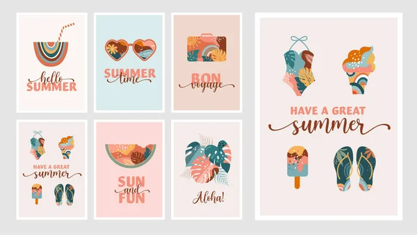 Bohemian Summer, modern summer illustrations and cards design with rainbow, flamingo, pineapple, ice cream and watermelon — Stock Vector
