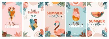 Bohem Yazı, gökkuşağı, flamingo, ananas, dondurma ve karpuz desenli modern yaz satışı hikayeleri. 