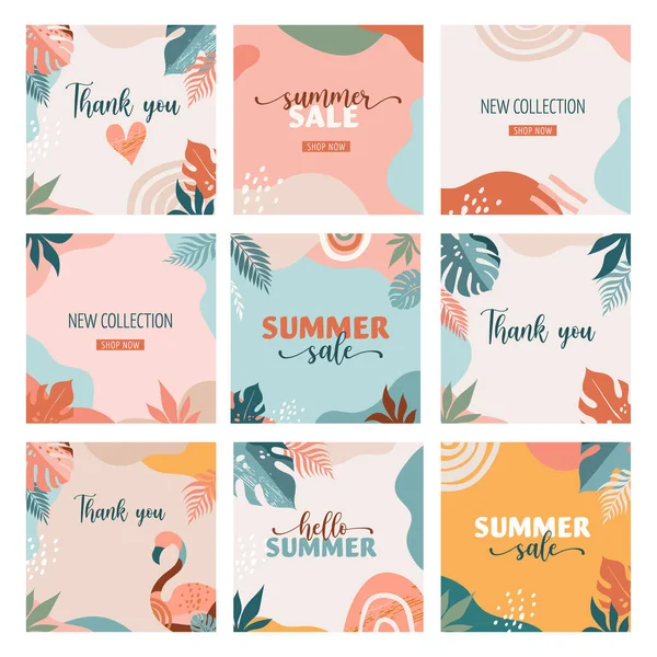 Bohemian Summer, set of modern summer sale post design with rainbow, flamingo, pineapple, ice cream and watermelon — Stock Vector