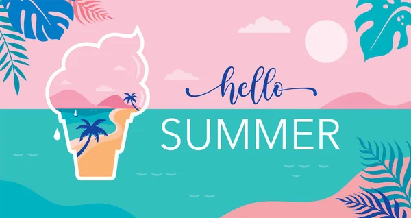 Diseño de concepto divertido horario de verano. Fondo creativo de paisaje, panorama de mar y playa sobre helado. Venta de verano, plantilla de post — Vector de stock