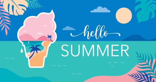 Summer time fun concept design. Creative background of landscape, panorama of sea and beach on ice cream. Summer sale, post template — Stock Vector