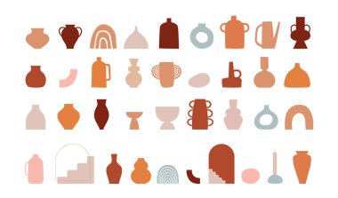 Abstract bohemian art aesthetic design. Arrangements of pottery and ceramic pots and vases 